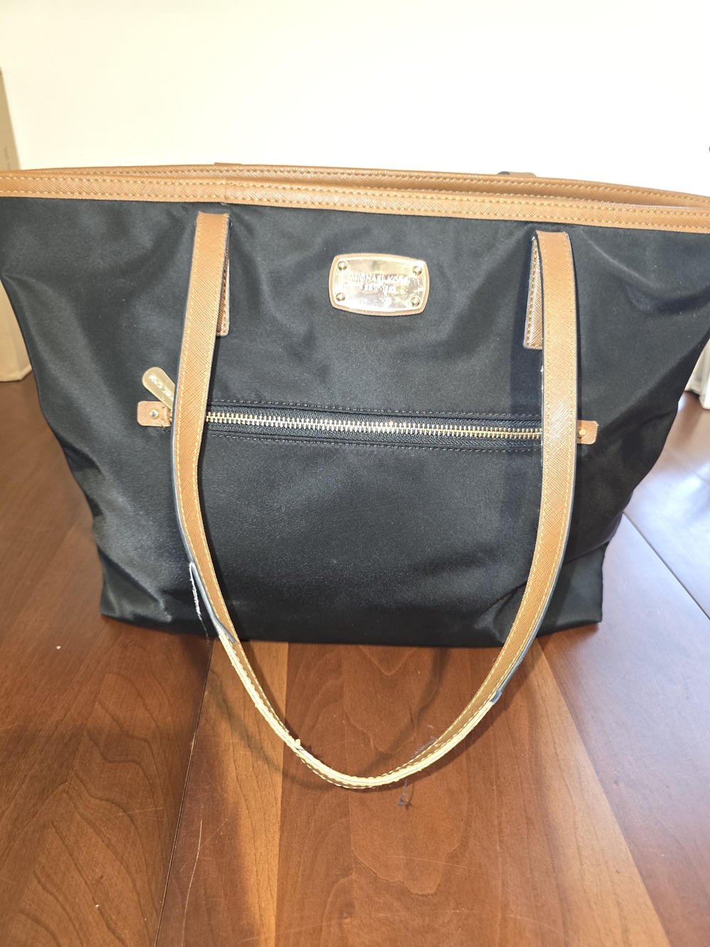 Michael Michael Kors Black Nylon Tote with Brown Leather Trim and Gold Hardware